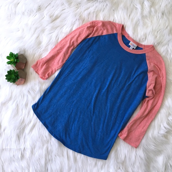 LuLaRoe Tops - LuLaRoe Blue & Pink Colorblock Raglan Randy Tee